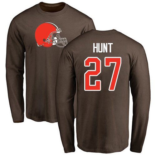 Men Cleveland Browns Kareem Hunt Brown Jersey #27 NFL Football Name and Number Logo Long Sleeve T Shirt